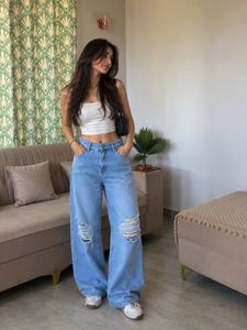 Light Wash Ripped Wide Leg Jeans