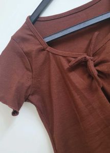 Brown Square Neck Tie-Front Top