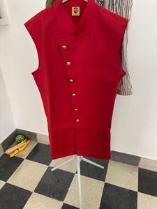 Manyavar Red Nehru Jacket with Gold Buttons