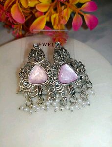 Exquisite Pink Stone &amp; Pearl Jhumka Earrings