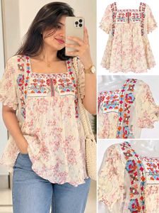 Boho Embroidered Floral Blouse Size M-L 36"-38"