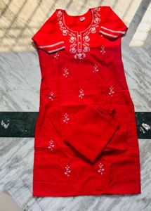 Red Embroidered Kurta Set
