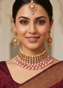 Elegant Pink & Golden Pearl Choker Set