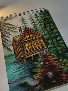 Serene Lakeside Cabin Painting