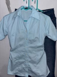 Light Blue Short Sleeve Button-Up Shirt And Dark B