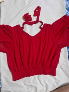Chic Red Batwing Sleeve Cropped Top