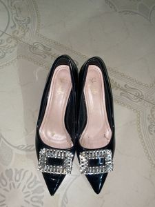 Black Patent Heels with Rhinestone Buckle