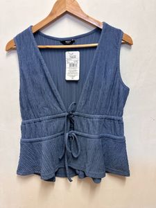 Blue Crinkle Tie-Front Peplum Top
