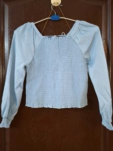 Blue Smocked Long Sleeve Top