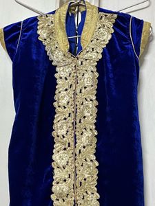 Royal Blue Velvet Gown with Gold Embroidery
