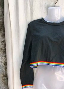 Cropped Long Sleeve Top with Rainbow Trim