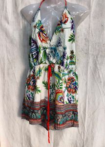 4129. Boho Floral Print Halter Neck Romper
