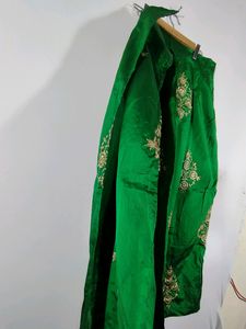 Green And Cream Embroidered Lehenga (Women's)
