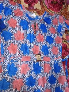 Blue &amp; Pink Leaf Print Frock with pajama