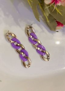 New Chunky Purple & Gold Link Drop Earrings