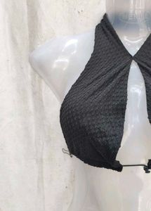 Black Textured Halterneck Bikini Top