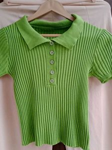 Beige Wide Leg Pants &amp; Green Ribbed Polo Top