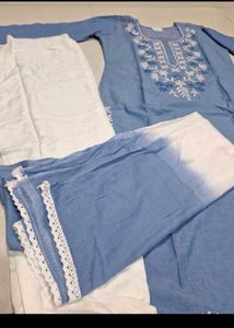 Blue Embroidered Cotton 3 piece set