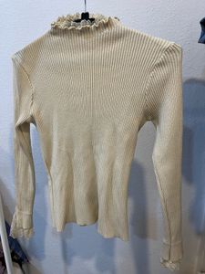 Ribbed Mock Neck Lace Trim Top