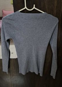Grey V-Neck Ribbed Long Sleeve Top