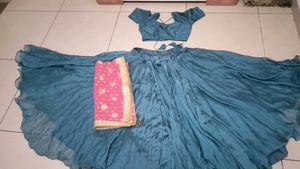 Teal Blue Lehenga Choli with Pink Dupatta