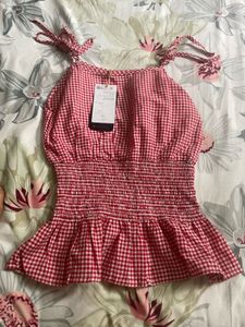 Red Gingham Smocked Peplum Top