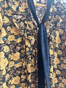 Floral Mustard Top with Velvet Neck Tie