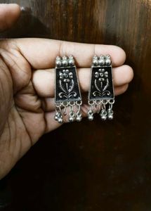 Silver Oxidised Black & Floral Earrings