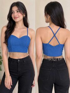 Blue Denim Crop Top with Rhinestone Fringe