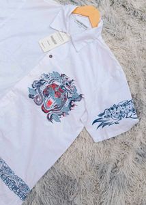 vintage Dragon Print White Short Sleeve Shirt