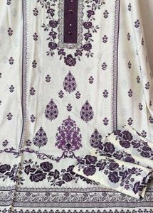 Elegant White &amp; Purple Floral Dress Material