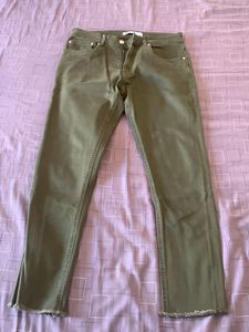 Olive Green Frayed Hem Jeans