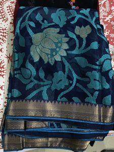 Elegant Blue Floral Saree with rose gold border