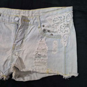 Distressed Denim Shorts with Lace y2k
