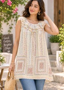 Boho Print Ruffle Neck Sleeveless Top