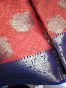 Elegant Coral &amp; Navy Brocade Saree