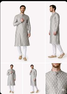 Men's Silver Jacquard Kurta Set M size