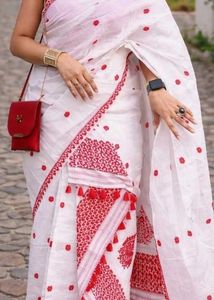 Elegant White Saree with Red Embroidery
