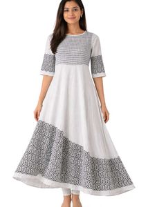 Elegant White Anarkali Kurti with Black Print