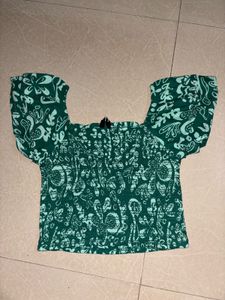 Green Floral Print Smocked Crop Top