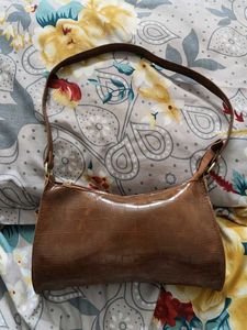 Brown Croc Embossed Shoulder Bag