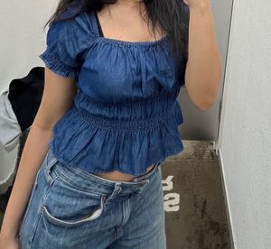 H&amp;M size-S Blue Denim Peplum Top