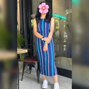 Sirikit Blue Candy Striped A Line Dress