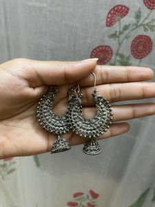 Silver tone oxidized long hoop style jhumka