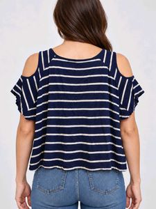 Navy Striped Cold Shoulder Top