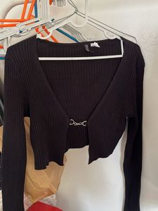 Black Ribbed Cropped Cardigan