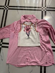 Pink Layered Button-Down Shirt with Floral Top