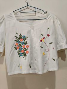 Embroidered White Cropped Top