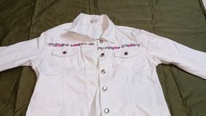 White Denim Jacket with Floral Trim