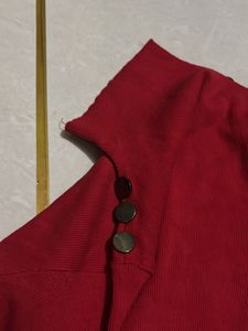 Red Turtleneck Top with Button Detail